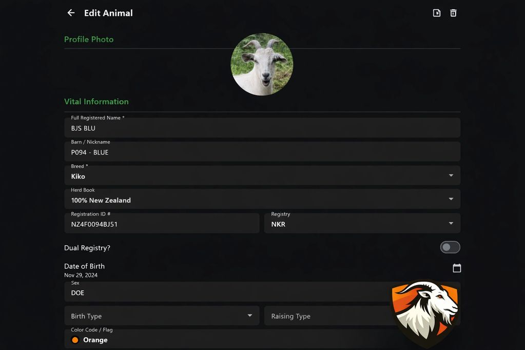 Edit animal profile screen featuring a goat named BJS BLU.