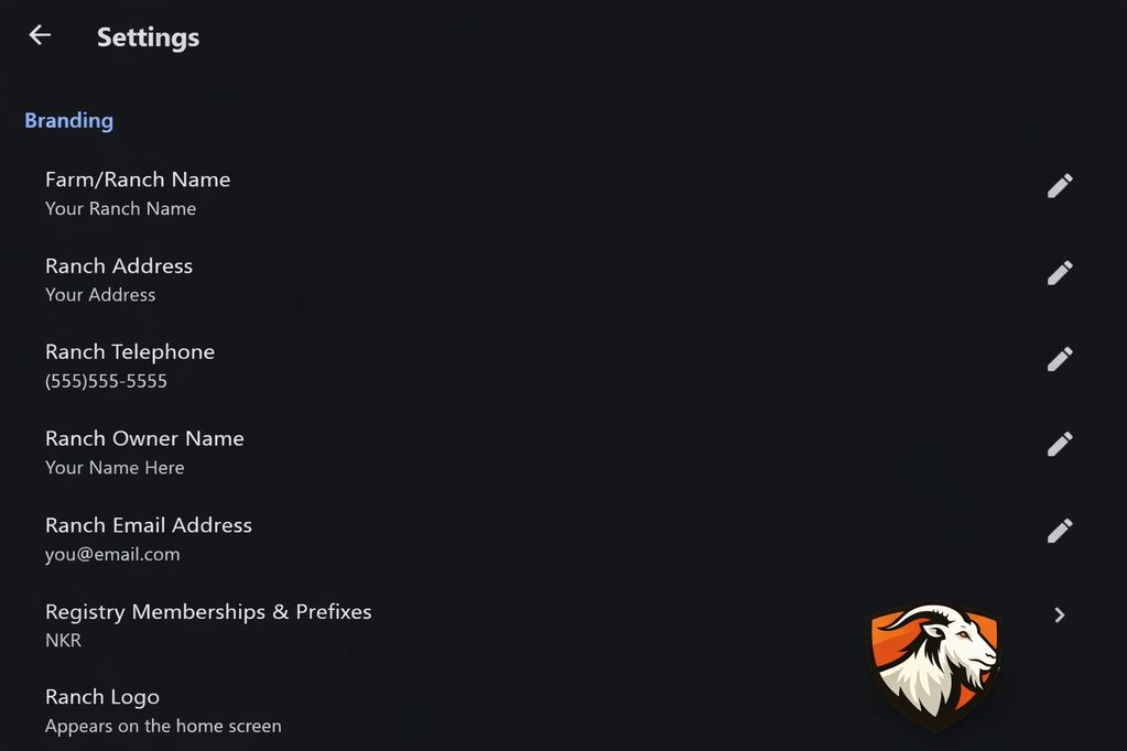 Settings screen for ranch branding details.