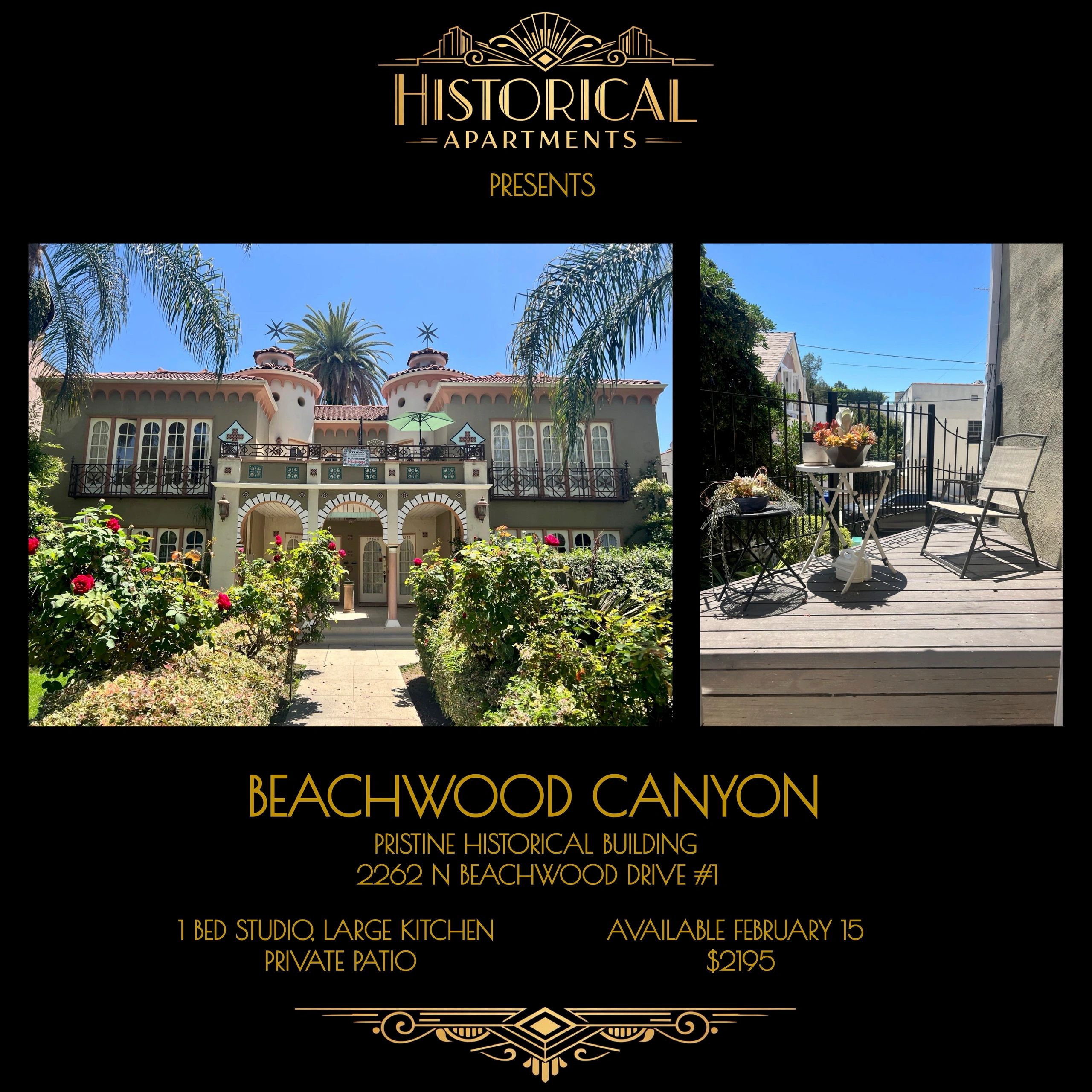 Elegant historical apartments with private patio in Beachwood Canyon available now.