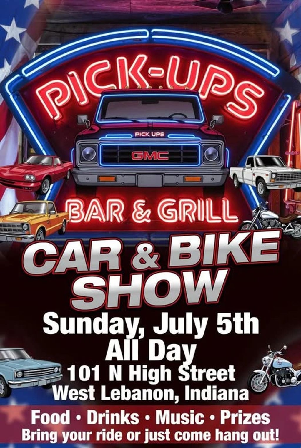 Car and Bike Show!! Sunday July 5th. ALL DAY! Hope to see you there!!