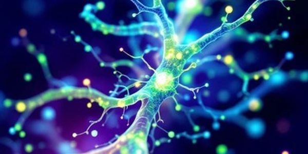 Colorful digital illustration of a neuron with glowing synapses.