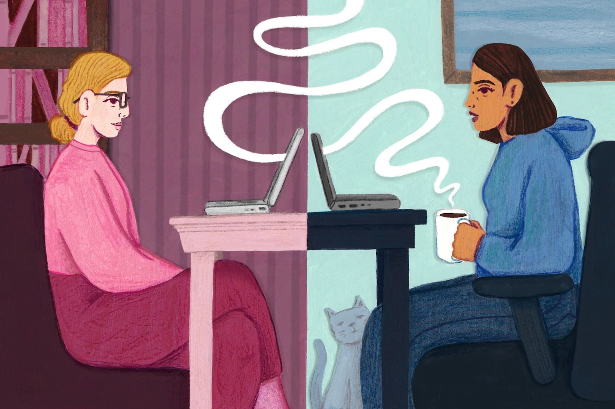 Two women video chatting on laptops, separated by a split screen with a cat nearby.