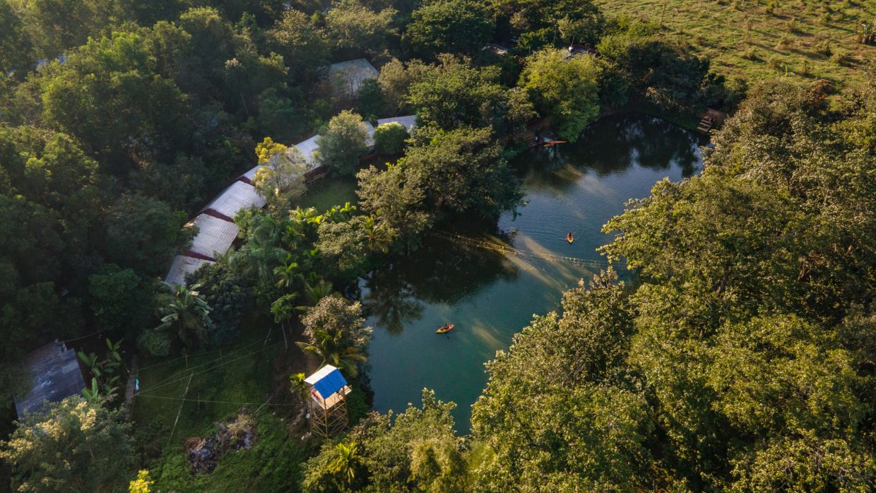 Aerial view of a lush green area with a pond and boats.