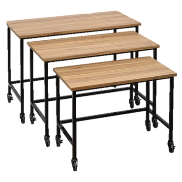Set of three wooden tables with black metal legs and wheels, varying in size.
