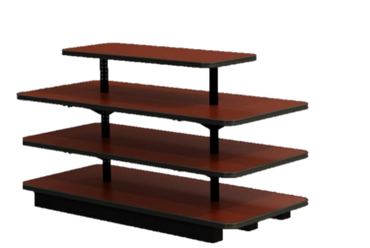 A four-tier wooden shelf with black supports and a reddish-brown finish.