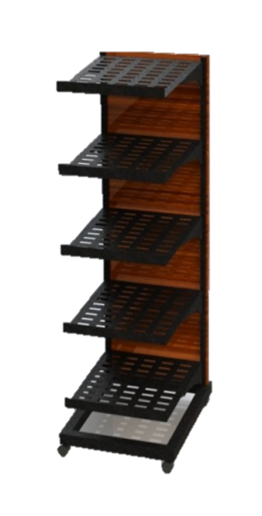 A black metal multi-tiered shelving unit with wooden backing.
