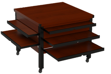 Modern wooden table with multiple extendable surfaces and black metal frame.
