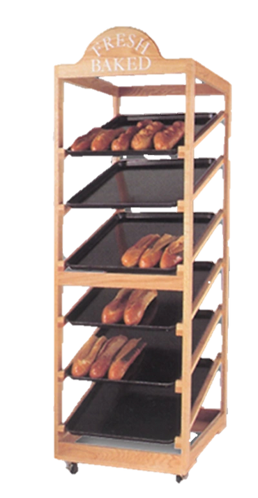 Wooden bakery rack with trays of freshly baked baguettes.