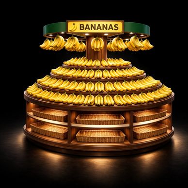 Banana table w/ wood canopy. LED backlit shelves and top, woven baskets. 4 step island display