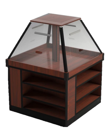 Wooden display case with glass enclosure and open shelves.