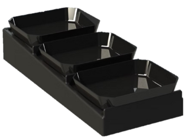 Black rectangular tray with three small square bowls.