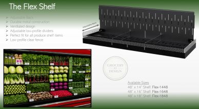 Refrigerated case Produce Shelf with false back for full case look and minimizing spoilage.