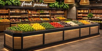 Black and tan signature collection produce row long produce island table display with LED backlit..