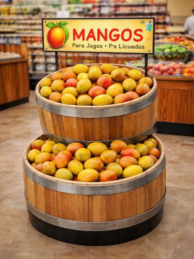 Double half barrel for grocery store merchandising. Mango floor display with sign.
