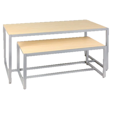 Two wooden tables with metal frames, one smaller and nested under the larger one.