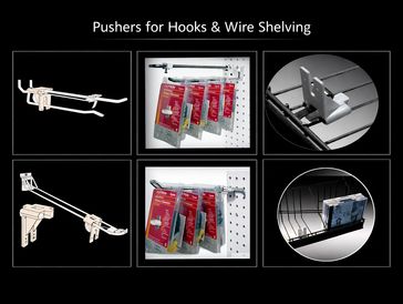 Self Fronting Pushers for hooks and wire shelving. Shelf organization hanging peg hook pushers.