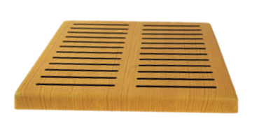 Wooden slatted platform or rack with evenly spaced black slats.