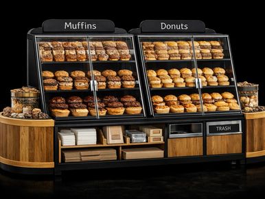 Bakery, Coffee Station merchandising display with trash disposal, napkin, bag and box storage.