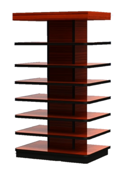 A modern wooden display stand with multiple shelves.