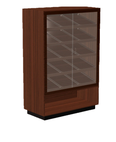 Wooden display cabinet with glass doors and multiple shelves.