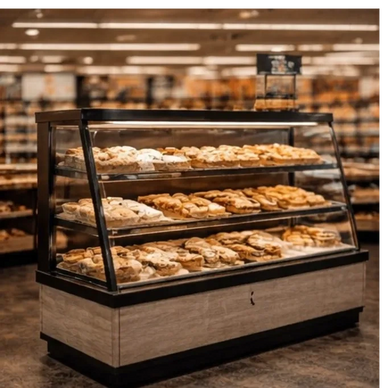 4-shelf Bakery Counter Display Case Merchandising Fixture. Rear open slider, under cabinet storage