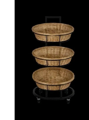 Mobile 3-Tier Oval Wicker Basket Floor Stand Merchandising Display 46"H Grocery Convenience stores.