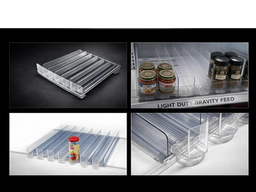 shelf pushers for merchandising. Pusher kits. Hanging pushers for stores. Shelf organization