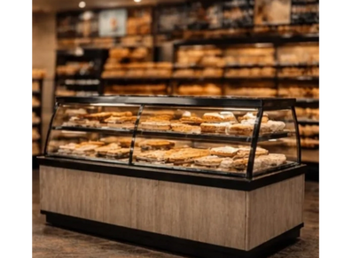 Bakery Island Case grocery store merchandising display with backlit LEDs and 2 shelf storage