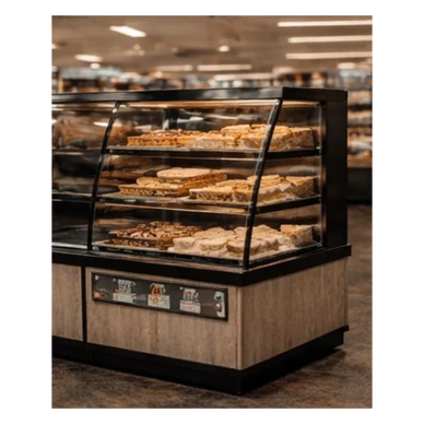 Bakery Service Counter End Cap 4 shelf with bag and napkin holder. Grocery Merchandising Display