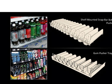 shelf pushers for merchandising. Pusher kits. Hanging pushers for stores. Shelf organization