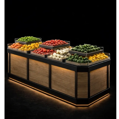 Black and Tan Signature Collection produce table island w/ backlit LED and built in pedestals