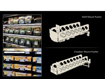 shelf pushers for merchandising. Pusher kits. Hanging pushers for stores. Shelf organization