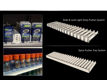 shelf pushers for merchandising. Pusher kits. Hanging pushers for stores. Shelf organization
