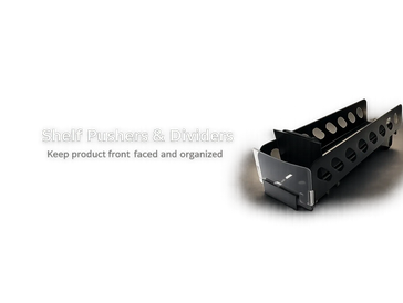 Self Fronting Pushers for shelf organization. Grocery retail merchandising. Crossbar & shelf mount