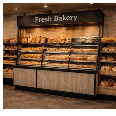 Self Serve Bakery Merchandising Case, glass doors, under cabinet storage, Warm LED Lighting.