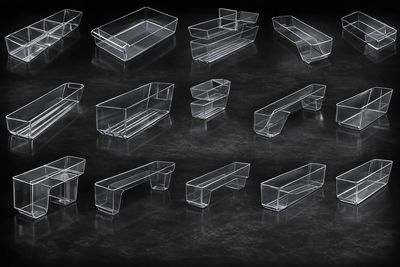 Acrylic pans for meat seafood and deli displays. Service case bowls and pans with false bottom