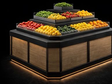 Black and tan signature collection produce 3-Tier island table display with LED backlit.