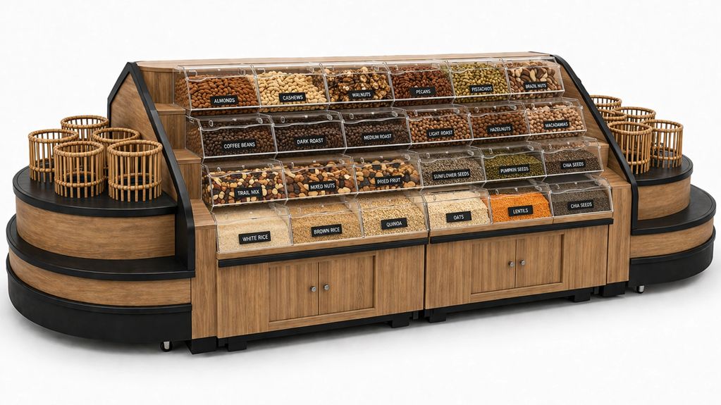Large island bulk food table display with barrels, end caps, and signage.