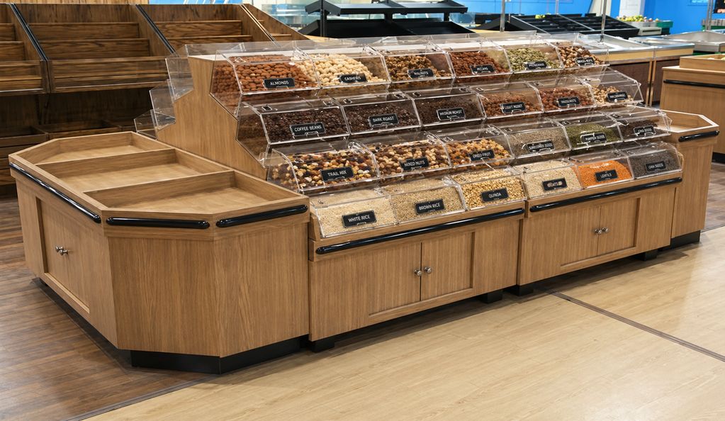 Wood bulk display with staggered rows of barrel-style bins.