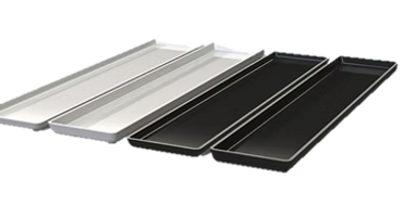 Two white and two black rectangular trays with raised edges.