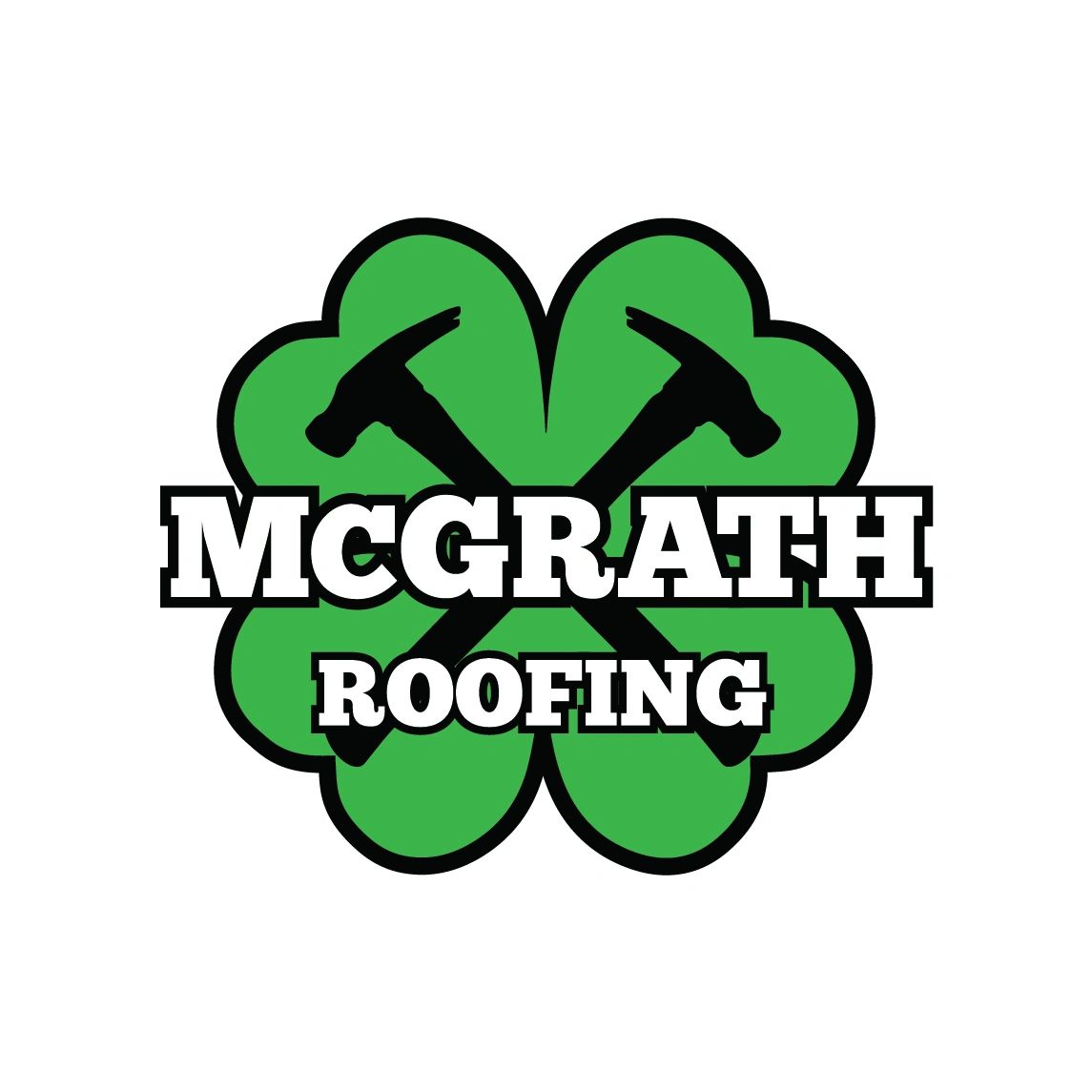 Logo of McGrath Roofing with crossed hammers and a green four-leaf clover.