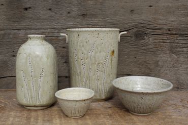 Group of grass pattern, wood ash glazed pots