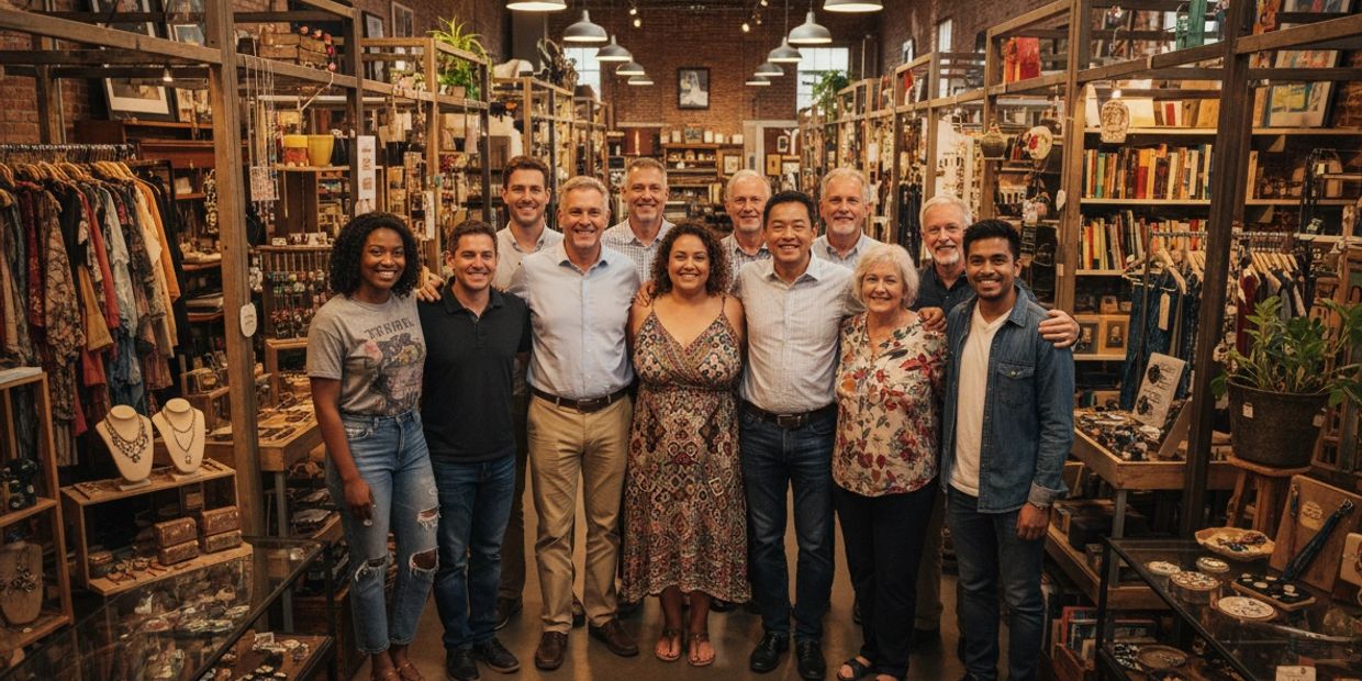 A diverse group of people smiling in a cozy, well-lit store with shelves of books and jewelry.