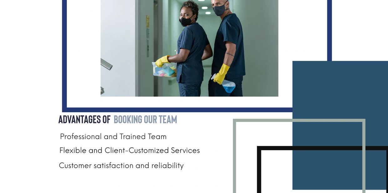Two masked cleaning professionals with gloves and supplies in a hallway.