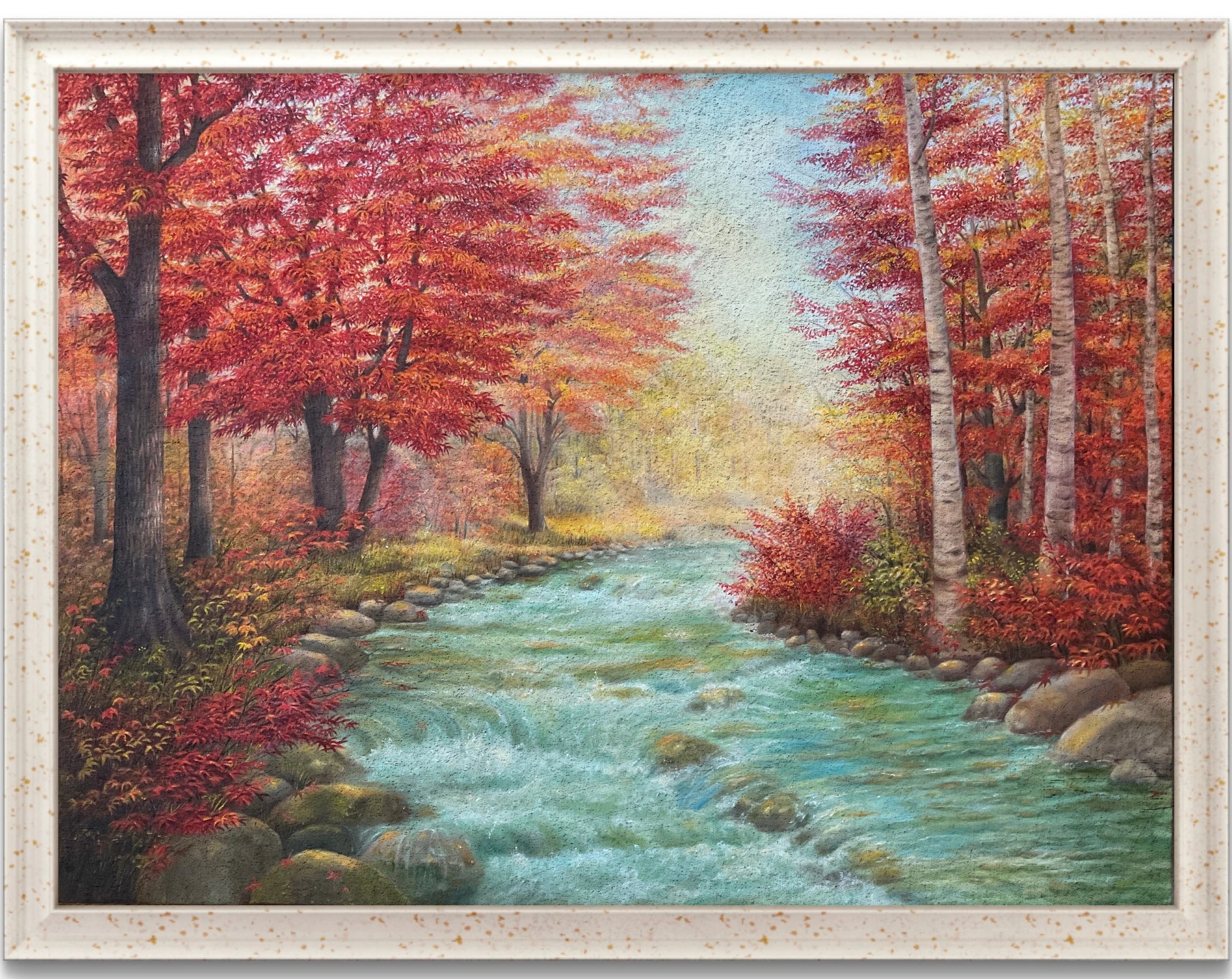 Painting of a river through an autumn forest.