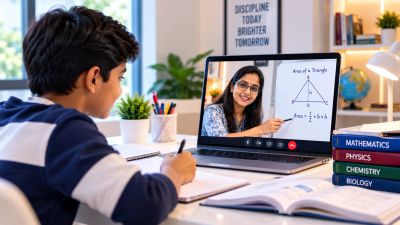 Boy attending online math class with books and notes.