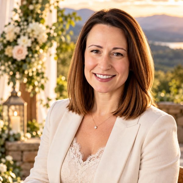 Smiling woman in white blazer at an outdoor setting with floral decorations.