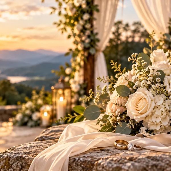 Wedding rings and flowers on a stone surface at sunset.