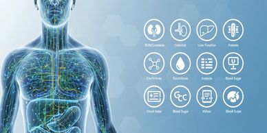 CMP blood test infographic showing kidney function, liver function, electrolytes, blood sugar.