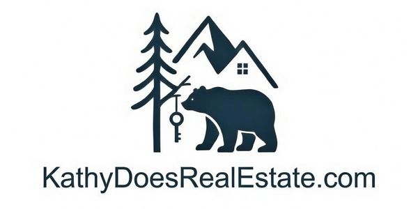 Logo for KathyDoesRealEstate.com with bear, tree, mountain, and house key design.